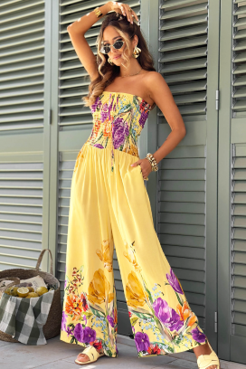 salopetă de damă cu motiv floral, bustieră și pantaloni largi PALEMIRA YELLOW