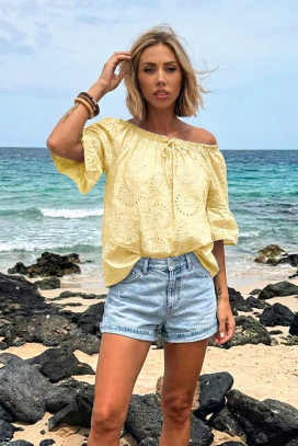 bluză de damă cu umeri goi, în stil boho LATENA YELLOW