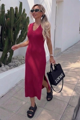rochie midi, cu decolteu V, fără mâneci MILZENA BORDO