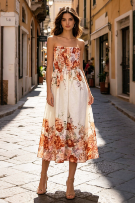 rochie midi delicată, cu motiv floral și bustieră elastică LAVENDINA ORANGE