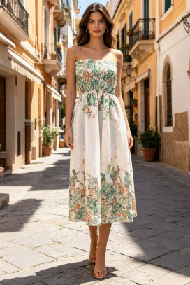 rochie midi delicată, cu motiv floral și bustieră elastică LAVENDINA GREEN