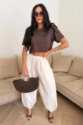 pantaloni de damă din bumbac, de tip balon, cu talie elastică NARIAZA ECRU