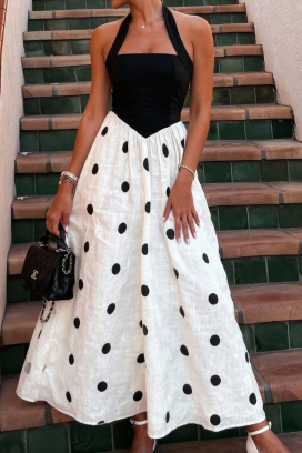 rochie lungă și elegantă, cu buline și decolteu halter LEONELA WHITE