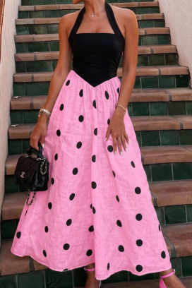 rochie lungă și elegantă, cu buline și decolteu halter LEONELA PINK