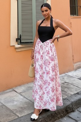 rochie lungă cu motiv floral și decolteu halter TESIONA PINK