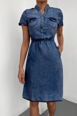 rochie din denim cu mâneci scurte și talie elastică DENIARA NAVY