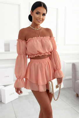 set pentru femei format din un top cu umeri căzuți și o fustă-pantalon LORINANA PEACH