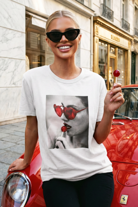 tricou pentru femei cu un imprimeu drăguț și decolteu rotund BELISITA WHITE