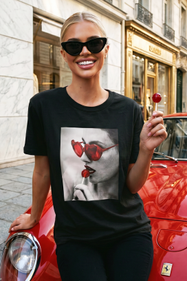 tricou pentru femei cu un imprimeu drăguț și decolteu rotund BELISITA BLACK