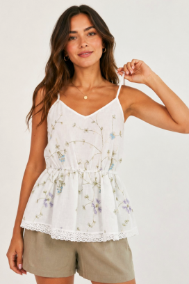 top damă cu efect peplum, bretele subțiri și motiv floral BELASIMA WHITE