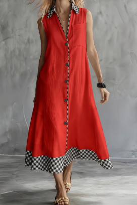 rochie fără mâneci, cu nasturi și un model în carouri HRISANTINA RED
