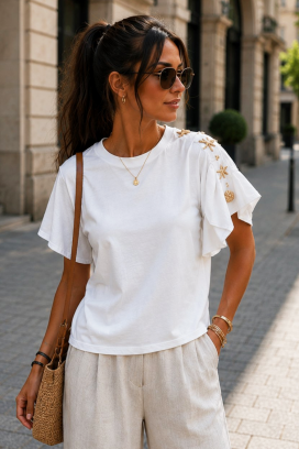 tricou pentru femei cu mâneci cu volane și aplicații decorative cu motive marine TARISIA WHITE