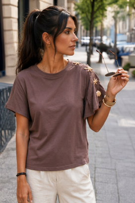 tricou pentru femei cu mâneci cu volane și aplicații decorative cu motive marine TARISIA BROWN
