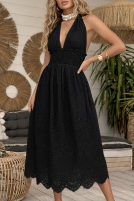 rochie midi cu spatele decupat și broderie ajurată într-un stil boho MELEKA BLACK