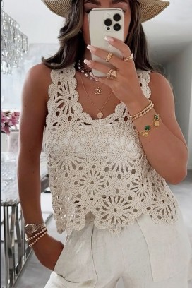 top tricotat pentru femei, cu detalii florale în stil retro JELIRA BEIGE