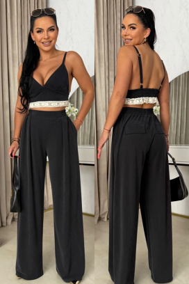 set pentru femei format din trei piese, cu un top, pantaloni largi și kimono SERENIZA BLACK