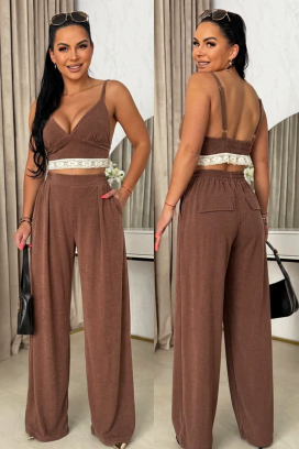 set pentru femei format din trei piese, cu un top, pantaloni largi și kimono SERENIZA BROWN