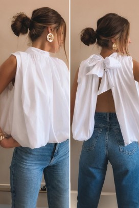 top elegant pentru femei, cu spatele decupat și o panglică cochetă NERINITA WHITE