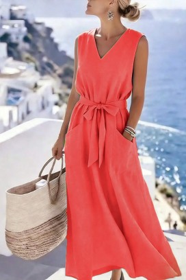 rochie midi delicată, cu curea textilă și buzunare decorative JASMINIA RED