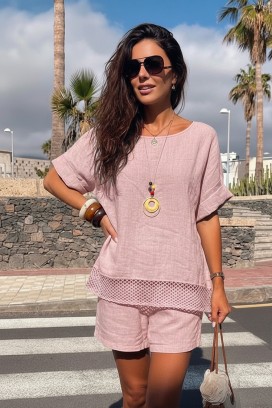 bluză lejeră pentru femei, cu accent din plasă și colier inclus PENELOPIA PINK