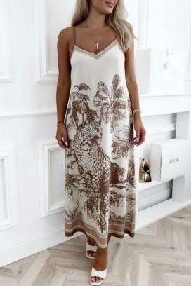 rochie midi de vară, cu bretele subțiri și print tropical ATROPINA BROWN