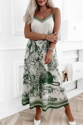 rochie midi de vară , cu bretele subțiri și imprimeu tropical ATROPINA GREEN