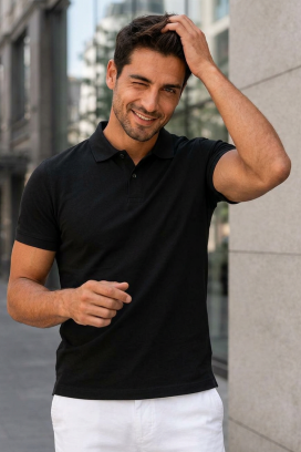 tricou pentru bărbați cu guler, mâneci scurte și nasturi MARCELO BLACK