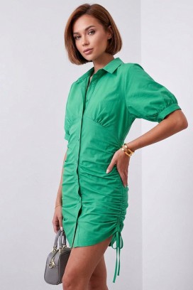 rochie scurtă de vară tip cămașă cu efect drapat și mâneci bufante SLOVINA GREEN