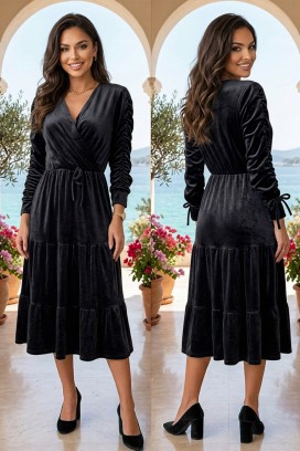 rochie midi din catifea cu decolteu în V și mâneci lungi drapate VASILENSA BLACK