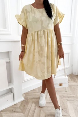 rochie scurtă lejeră cu floral print, buzunare și mâneci cu detalii MAJESTICA YELLOW