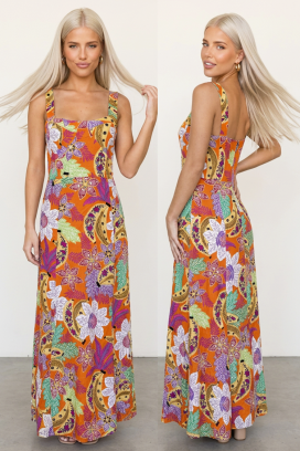 rochie maxi cu imprimeu tropical și bretele late TROPIKANA ORANGE