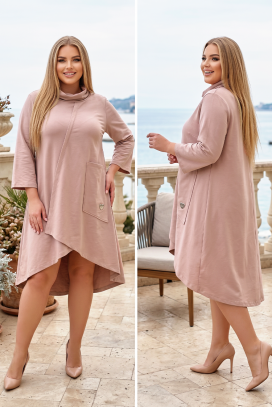 rochie asimetrică tip tunică cu guler înalt și mânecă 3/4 DEBRINA BEIGE