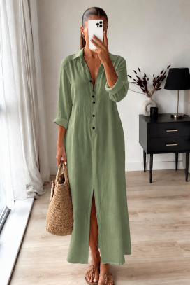 rochie lungă, lejeră, în stil cămașă, cu nasturi JULIDIANA GREEN