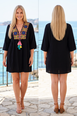rochie boho tip tunică cu broderie etno și ciucuri colorați FIORAVELA BLACK