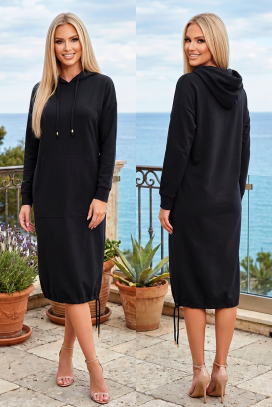 rochie midi sport-elegantă cu glugă, buzunar și tiv elastic LIVARINA BLACK