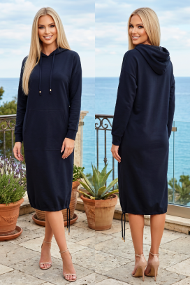 rochie midi sport-elegantă cu glugă, buzunar și tiv elastic LIVARINA NAVY