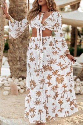 set de damă cu top cu legare și fustă maxi aerisită RAMORIA BROWN