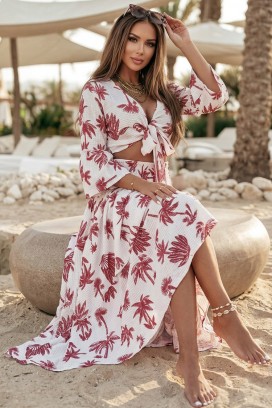 set de damă cu top cu legare și fustă maxi aerisită RAMORIA RED