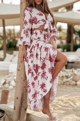 set de damă cu top cu legare și fustă maxi aerisită RAMORIA RED