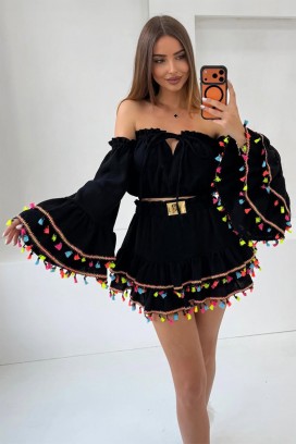 set boho pentru femei, cu top scurt cu mâneci statement și fustă mini cu franjuri FIESTIA BLACK