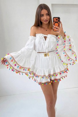 set boho pentru femei cu top scurt cu mâneci statement și fustă mini cu ciucuri FIESTIA WHITE