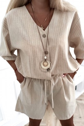 set pentru femei cu dungi, cămașă cu croială lejeră și pantaloni scurți EFESINA BEIGE