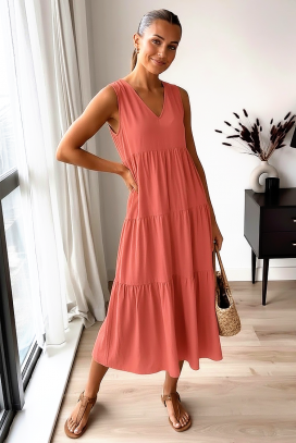 rochie midi vaporoasă potrivita pentru vară cu decolteu V VELRINA CORAL