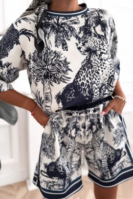 set damă cu pantaloni scurți, bluză și print exotic SAVERINA NAVY