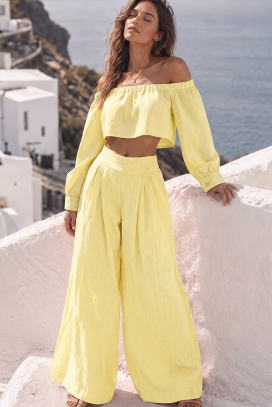 set de damă cu top cu umeri căzuți și pantaloni largi JEZABEL YELLOW
