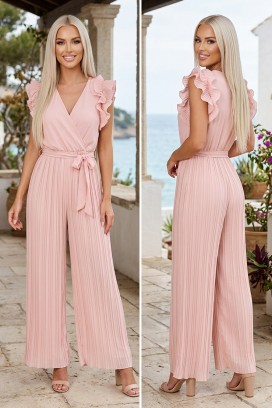 salopetă plisată cu decolteu petrecut, volane și curea VIRENZIA PINK