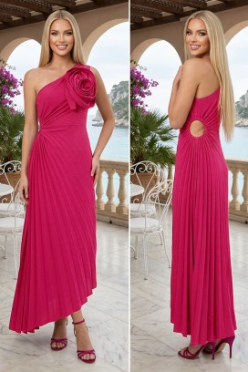 rochie lungă plisată cu floare decorativă voluminoasă ROSAVITA FUCHSIA