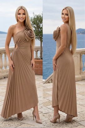 rochie lungă plisată cu floare decorativă voluminoasă ROSAVITA BEIGE
