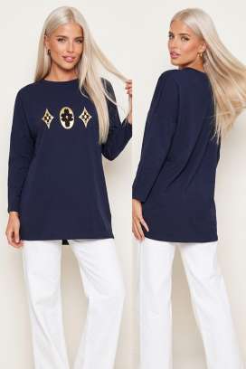 bluză lejeră de zi pentru femei cu mâneci lungi și motive decorative spectaculoase BRENZIA NAVY