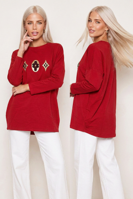 bluză damă lejeră de zi cu mâneci lungi și motive decorative spectaculoase BRENZIA RED